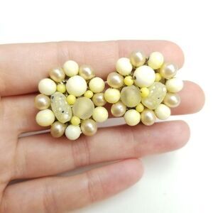 Vintage Pastel Yellow Beaded Cluster Clip On Earrings, Made in Japen, Retro